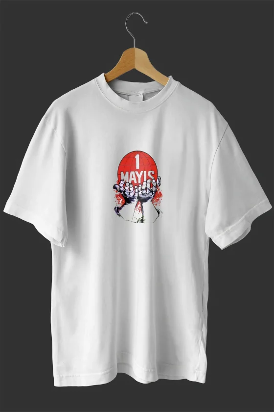 1 Mayıs Emek Ve Dayanışma Günü Baskılı Oversize Bisiklet Yaka T-shirt - Beyaz - Görsel 2