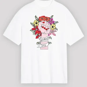 8 Mart Dünya Kadınlar Günü Baskılı Oversize Bisiklet Yaka T-shirt - Beyaz