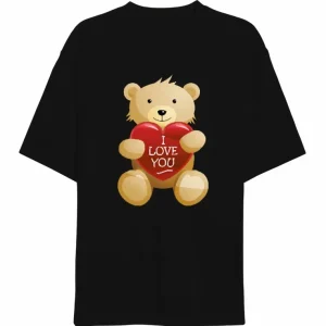 14 Şubat Sevgililer Günü I Love You Ayı Baskılı Oversize Bisiklet Yaka T-shirt - Siyah