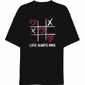 14 Şubat Sevgililer Günü Love Always Wins Baskılı Oversize Bisiklet Yaka T-shirt - Siyah