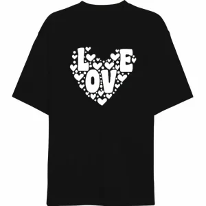Alternative view of 14 Şubat Sevgililer Günü Love Kalp Baskılı Oversize Bisiklet Yaka T-shirt - Siyah
