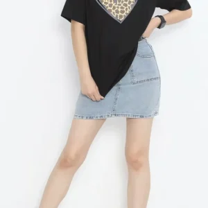 14 Şubat Sevgililer Günü Leopar Kalp Baskılı Oversize Bisiklet Yaka T-shirt - Siyah