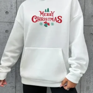 Yılbaşı Merry Christmas Baskılı Oversize Kapüşonlu Sweatshirt Hoodie - Beyaz