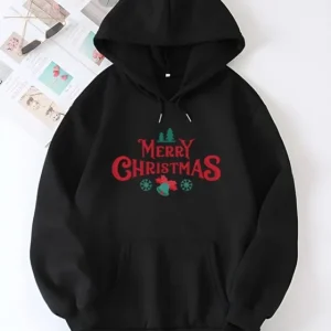 Yılbaşı Merry Christmas Baskılı Oversize Kapüşonlu Sweatshirt Hoodie - Siyah