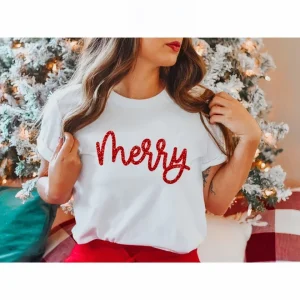 Yılbaşı Merry Christmas Baskılı Kısa Kollu Oversize Bisiklet Yaka T-shirt - Beyaz