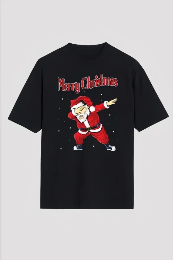 Yılbaşı Merry Christmas Noel Baba Baskılı Oversize Bisiklet Yaka T-shirt - Siyah