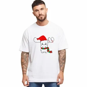 Yılbaşı Noel Ren Geyiği Baskılı Kısa Kollu Oversize Bisiklet Yaka T-shirt - Beyaz