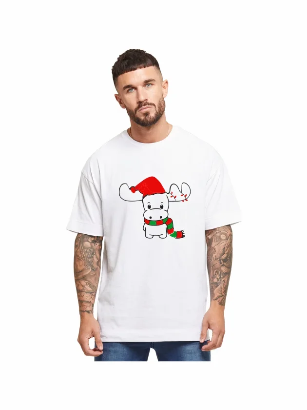Yılbaşı Noel Ren Geyiği Baskılı Kısa Kollu Oversize Bisiklet Yaka T-shirt - Beyaz - Görsel 3