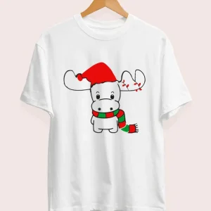 Alternative view of Yılbaşı Noel Ren Geyiği Baskılı Kısa Kollu Oversize Bisiklet Yaka T-shirt - Beyaz