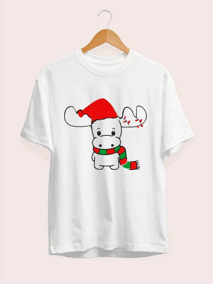 Yılbaşı Noel Ren Geyiği Baskılı Kısa Kollu Oversize Bisiklet Yaka T-shirt - Beyaz - Görsel 2