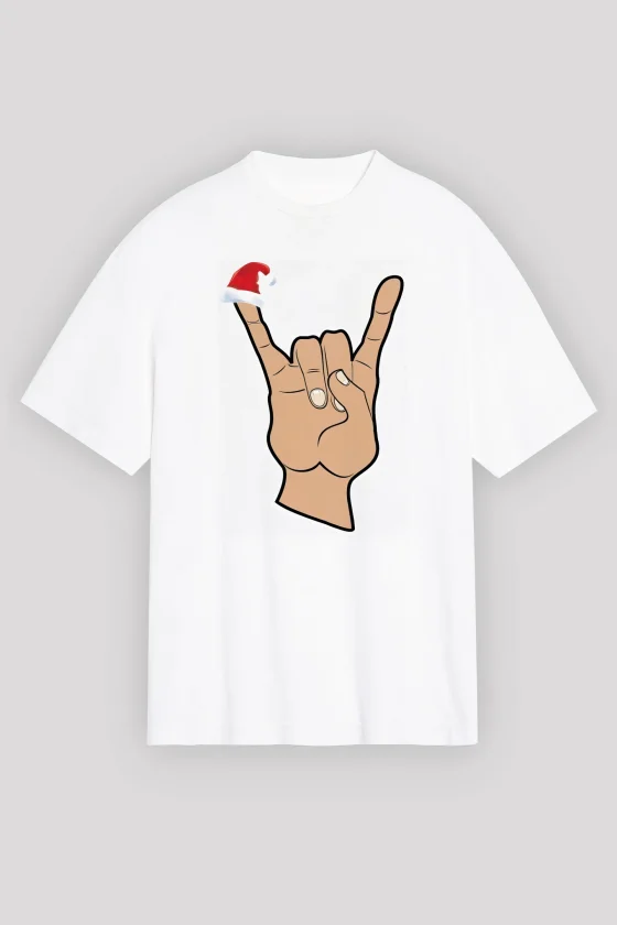 Yılbaşı Noel Başlıklı Serçe Parmak Baskılı Oversize Bisiklet Yaka T-shirt - Beyaz - Görsel 2