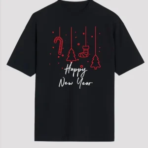 Alternative view of Yılbaşı Happy New Year Baskılı Kısa Kollu Oversize Bisiklet Yaka T-shirt - Siyah