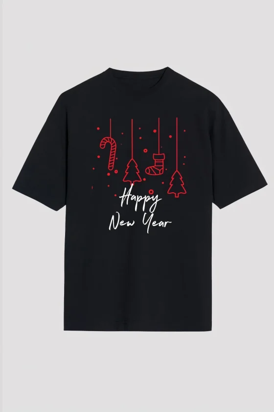 Yılbaşı Happy New Year Baskılı Kısa Kollu Oversize Bisiklet Yaka T-shirt - Siyah - Görsel 2