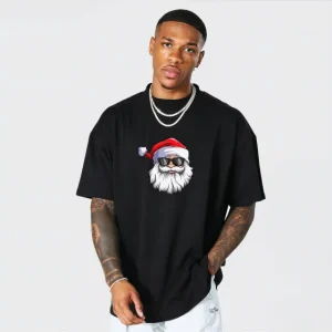 Alternative view of Yılbaşı Gözlüklü Noel Baba Baskılı Kısa Kollu Oversize Bisiklet Yaka T-shirt - Siyah
