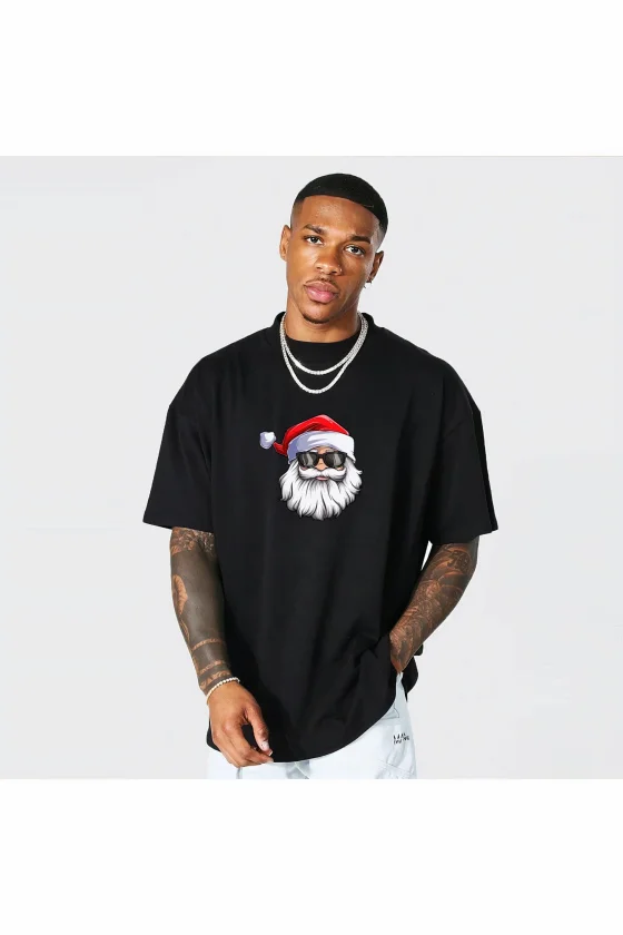 Yılbaşı Gözlüklü Noel Baba Baskılı Kısa Kollu Oversize Bisiklet Yaka T-shirt - Siyah - Görsel 2