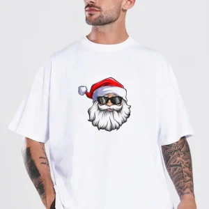 Yılbaşı Gözlüklü Noel Baba Baskılı Kısa Kollu Oversize Bisiklet Yaka T-shirt - Beyaz