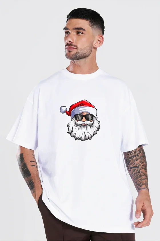 Yılbaşı Gözlüklü Noel Baba Baskılı Kısa Kollu Oversize Bisiklet Yaka T-shirt - Beyaz
