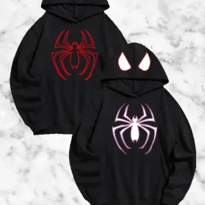 Sevgili Çift Kombini Örümcek Baskılı Kapüşonlu Sweatshirt Hoodie - Siyah