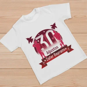 Ağustos Zafer Bayramı Atatürk Baskılı Kısa Kollu Bisiklet Yaka T-shirt - Beyaz