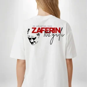 Alternative view of 30 Ağustos Zafer Bayramı Atatürk Temalı Oversize Bisiklet Yaka T-shirt - Beyaz
