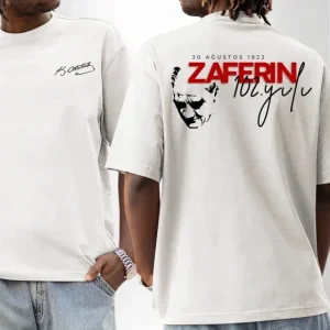 30 Ağustos Zafer Bayramı Ön Arka Baskılı Oversize Bisiklet Yaka T-shirt - Beyaz