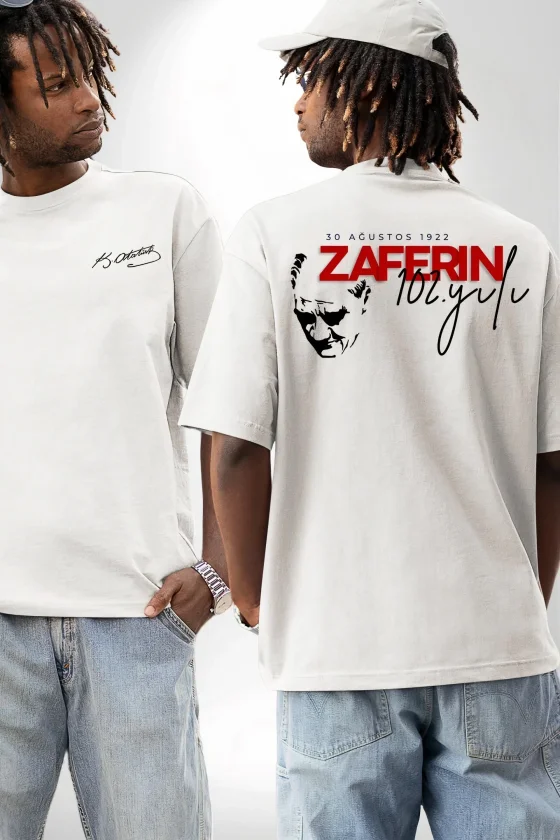 30 Ağustos Zafer Bayramı Ön Arka Baskılı Oversize Bisiklet Yaka T-shirt - Beyaz - Görsel 4