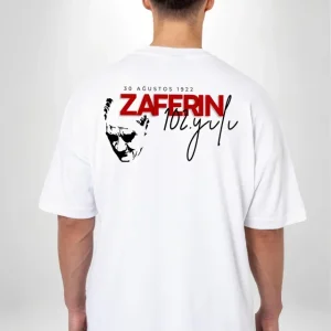 Alternative view of 30 Ağustos Zafer Bayramı Ön Arka Baskılı Oversize Bisiklet Yaka T-shirt - Beyaz