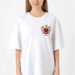 Alternative view of Türk Arma Baskılı Oversize Bisiklet Yaka Günlük T-shirt - Beyaz