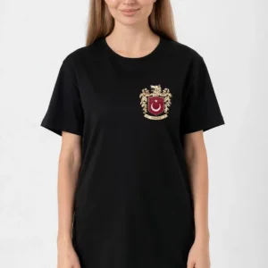 Türk Arma Baskılı Oversize Bisiklet Yaka Günlük T-shirt - Siyah