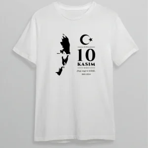 10 Kasım Atatürk Anma Günü Silüet Baskılı Oversize Bisiklet Yaka T-shirt - Beyaz