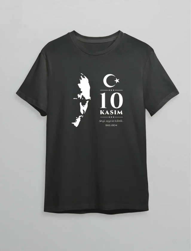 10 Kasım Atatürk Anma Günü Silüet Baskılı Oversize Bisiklet Yaka T-shirt - Siyah - Görsel 2