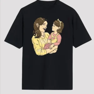 Alternative view of Anneler Günü Hediye Anne Kız Temalı Baskılı Oversize Bisiklet Yaka T-shirt - Siyah