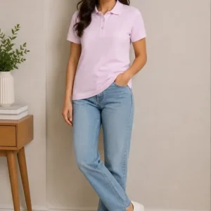 Alternative view of Polo Yaka Pike Kumaş Düğmeli Basic Tişört Günlük Rahat - Pembe