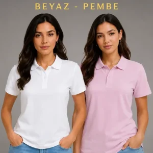 2li Polo Yaka Pike Kumaş Düğmeli Basic Tişört Günlük Rahat Kesim - Beyaz, Pembe