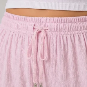 Alternative view of Battal Beden Bürümcük Kumaş Beli Lastikli Bağcıklı Bol Paça Palazzo Pantolon - Pembe