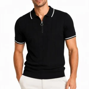 Erkek Fitilli Triko T-shirt Polo Yaka Yarım Fermuarlı Kısa Kollu Tişört - Siyah
