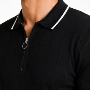 Alternative view of Erkek Fitilli Triko T-shirt Polo Yaka Yarım Fermuarlı Kısa Kollu Tişört - Siyah