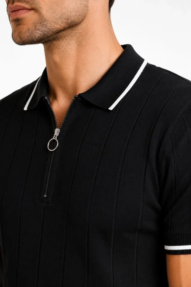 Erkek Fitilli Triko T-shirt Polo Yaka Yarım Fermuarlı Kısa Kollu Tişört - Siyah - Görsel 2