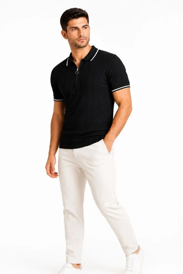 Erkek Fitilli Triko T-shirt Polo Yaka Yarım Fermuarlı Kısa Kollu Tişört - Siyah - Görsel 3
