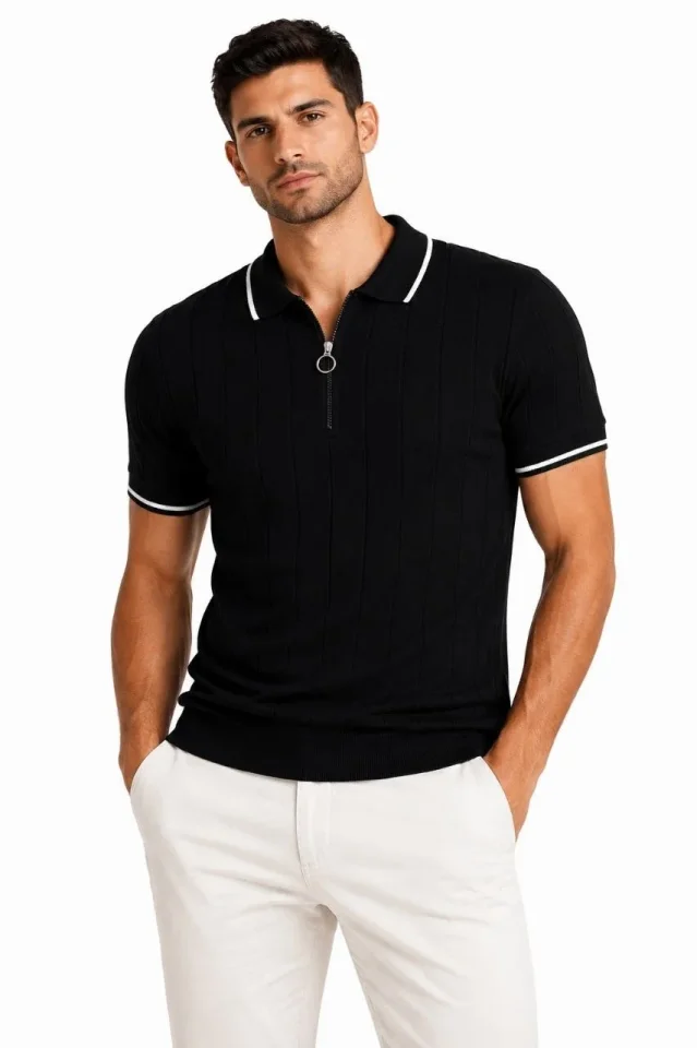 Erkek Fitilli Triko T-shirt Polo Yaka Yarım Fermuarlı Kısa Kollu Tişört - Siyah - Görsel 4