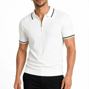 Erkek Fitilli Triko T-shirt Polo Yaka Yarım Fermuarlı Kısa Kollu Tişört - Beyaz