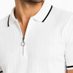 Alternative view of Erkek Fitilli Triko T-shirt Polo Yaka Yarım Fermuarlı Kısa Kollu Tişört - Beyaz