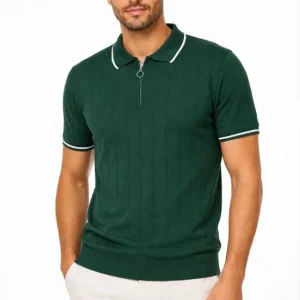 Erkek Fitilli Triko T-shirt Polo Yaka Yarım Fermuarlı Kısa Kollu Tişört - Yeşil