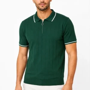 Alternative view of Erkek Fitilli Triko T-shirt Polo Yaka Yarım Fermuarlı Kısa Kollu Tişört - Yeşil