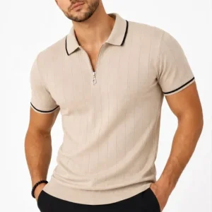 Erkek Fitilli Triko T-shirt Polo Yaka Yarım Fermuarlı Kısa Kollu Tişört - Bej
