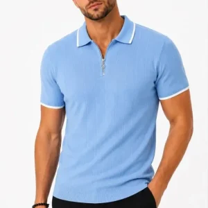 Erkek Fitilli Triko T-shirt Polo Yaka Yarım Fermuarlı Kısa Kollu Tişört - Açık Mavi