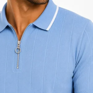 Alternative view of Erkek Fitilli Triko T-shirt Polo Yaka Yarım Fermuarlı Kısa Kollu Tişört - Açık Mavi