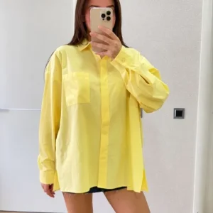 Oversize Pens Detaylı Cepli Yırtmaçlı Rahat Kalıp Poplin Gömlek - Sarı