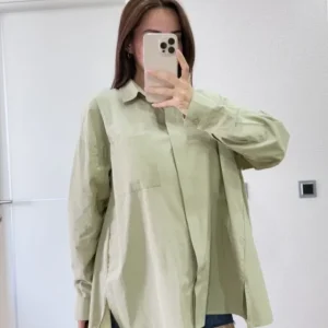 Oversize Pens Detaylı Cepli Yırtmaçlı Rahat Kalıp Poplin Gömlek - Yeşil