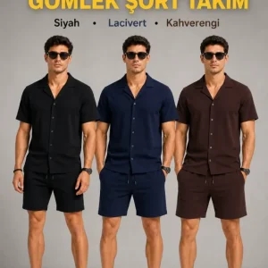Erkek 3’lü Krep Kumaş Cepli Gömlek Şort Takım Kısa Kollu Bağcıklı - Siyah , Lacivert , Kahverengi